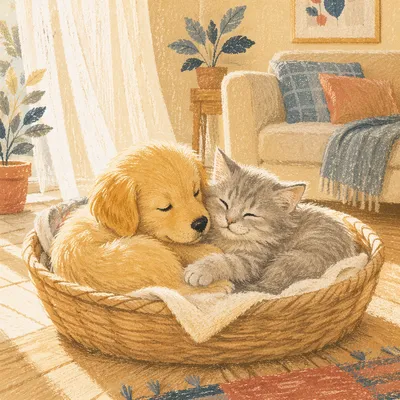 Adorable Puppy and Kitten Cuddled Together