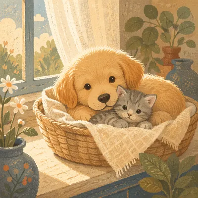 Cute Puppy and Kitten in Basket