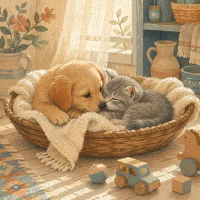 Cute Puppy and Kitten in Basket