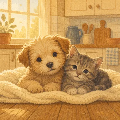 Adorable Puppy and Kitten Cuddling Together