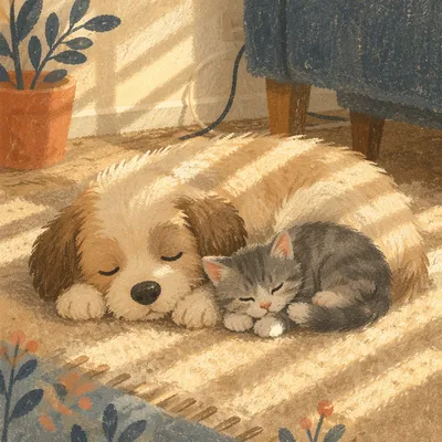 Sleeping Puppy and Kitten in Sunlight
