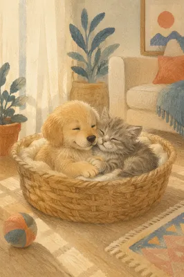 Cute Puppy and Kitten in Basket