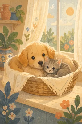 Cute Puppy and Kitten in Basket