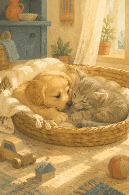 Cute Puppy and Kitten in Basket