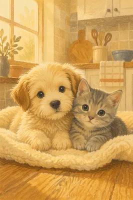 Cute Puppy and Kitten Morning Cuddle