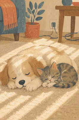 Sleeping Puppy and Kitten in Sunlight
