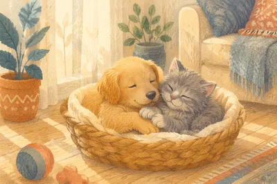 Cute Puppy and Kitten in Basket