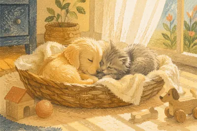 Cute Puppy and Kitten Basket Cuddle