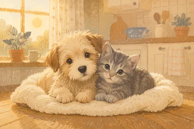 Cute Puppy and Kitten Cuddling Together