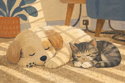 Cozy Puppy and Kitten Sleeping Together