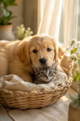 Cozy Puppy and Kitten in Basket