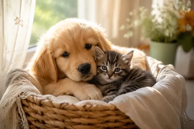 Cute Puppy and Kitten in Basket