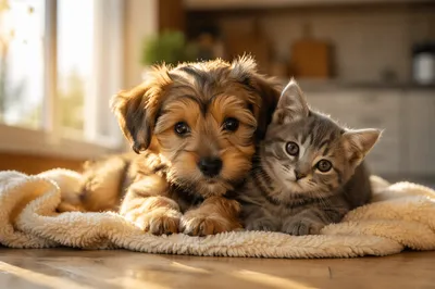 Adorable Puppy and Kitten Cuddling Together