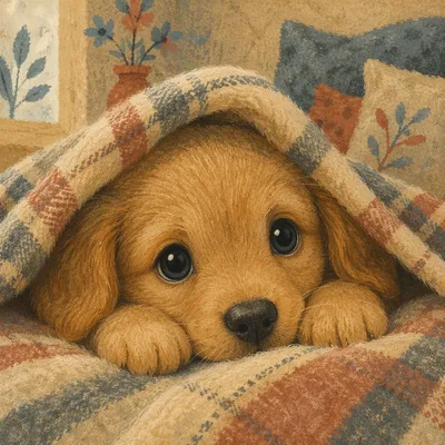 Adorable Golden Puppy in Cozy Plaid Blanket
