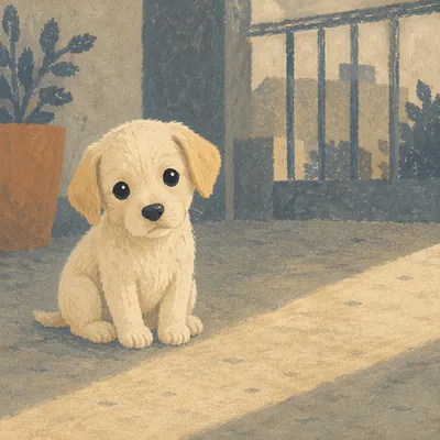 Adorable Cream Puppy in Quiet Courtyard