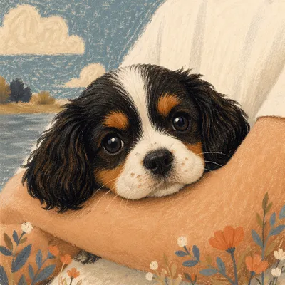 Adorable Tricolor Puppy Resting on Gentle Arm