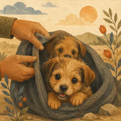 Tiny Puppies Nestled in Warm Fabric Pouch