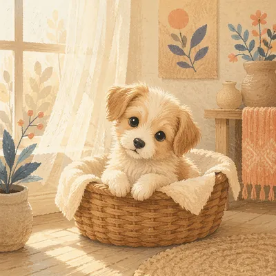 Adorable Fluffy Puppy by Sunlit Window