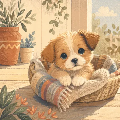 Adorable Fluffy Puppy on Sunlit Porch