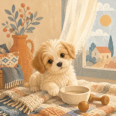 Adorable Puppy in Warm Farmhouse Morning Light