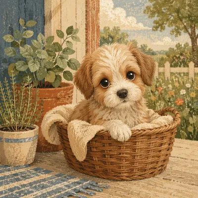 Adorable Puppy in Sunlit Farmhouse Basket
