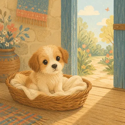Tiny Puppy in Sunlit Cottage Basket