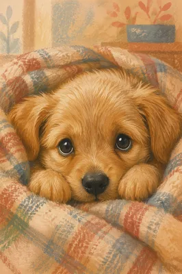 Tiny Golden Puppy in Cozy Plaid Blanket