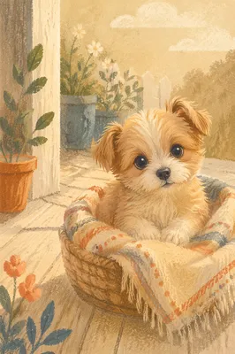 Adorable Fluffy Puppy on Sunlit Porch