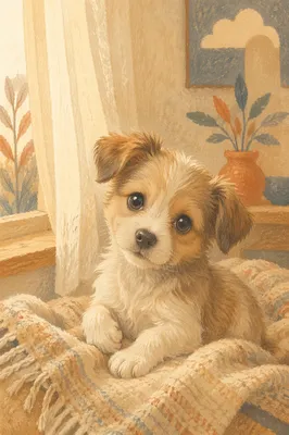 Adorable Small Puppy by Sunlit Window