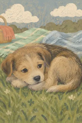 Sleepy Puppy Resting in Green Picnic Grass