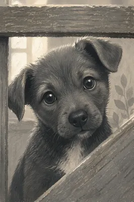 Tender Monochrome Puppy Behind Wooden Railing