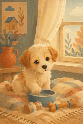 Adorable Puppy by Sunlit Farmhouse Window