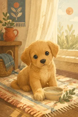 Adorable Golden Puppy by Sunlit Window
