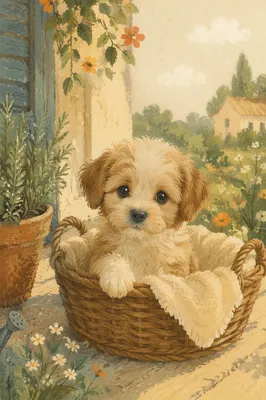 Adorable Puppy in Sunlit Farmhouse Basket