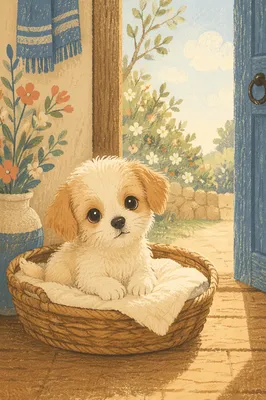 Tiny Puppy in Basket by Cottage Doorway