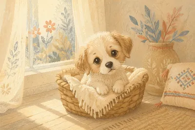 Adorable Small Puppy by Sunlit Window
