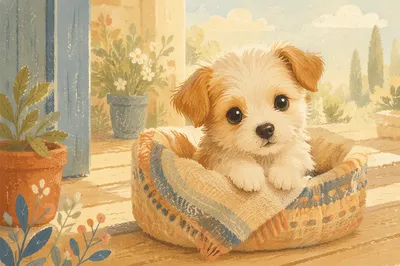 Adorable Fluffy Puppy on Sunlit Porch