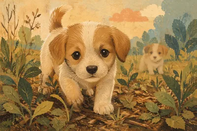 Adorable Small Puppy in Wild Grass