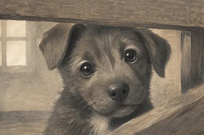 Adorable Puppy Peering Through Wooden Railing