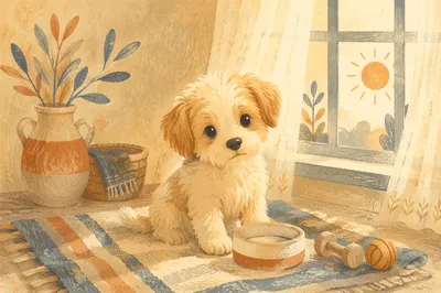 Adorable Puppy by Sunlit Farmhouse Window