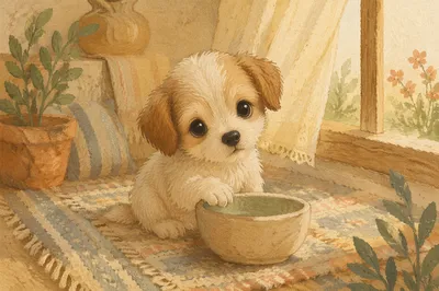 Cute Puppy by Sunlit Cozy Window