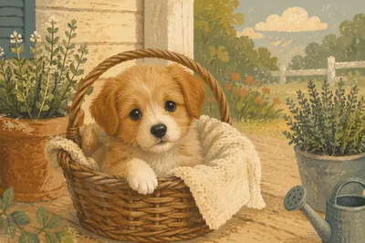 Tiny Puppy in Sunlit Farmhouse Basket