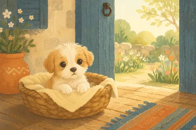 Tiny Puppy in Sunlit Cottage Basket