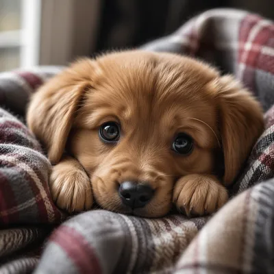 Tiny Golden Puppy in Cozy Plaid Blanket