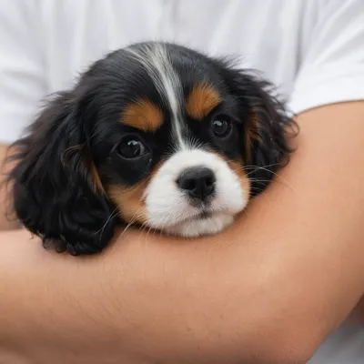 Adorable Tricolor Puppy Resting on Arm