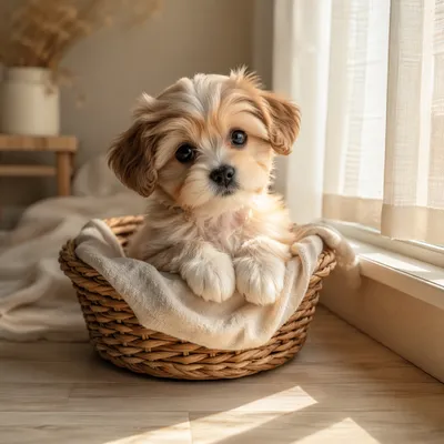 Cute Fluffy Puppy by Sunlit Window