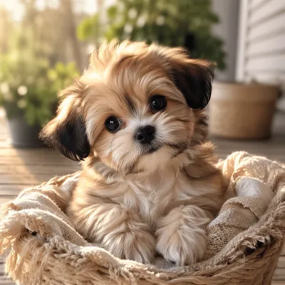 Adorable Fluffy Puppy on Sunlit Porch