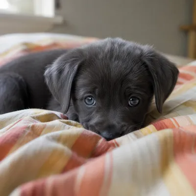 Adorable Charcoal Puppy on Cozy Striped Bedspread
