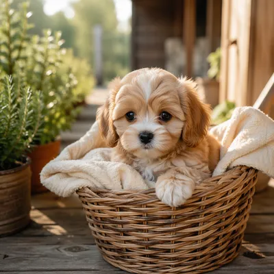 Adorable Puppy in Sunlit Farmhouse Basket