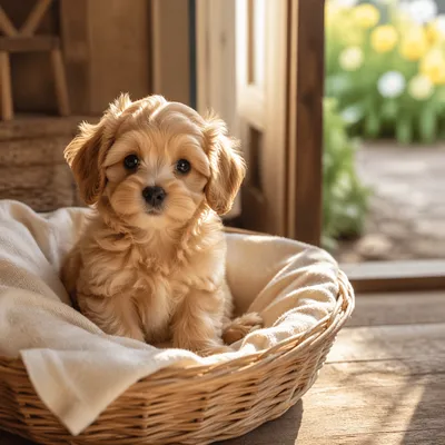 Adorable Puppy in Basket by Cottage Door